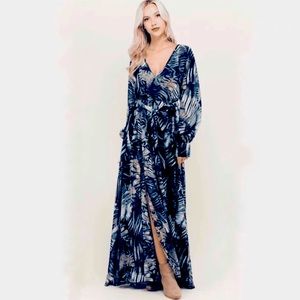 Olivaceous Blue Palm-Print Maxi Dress